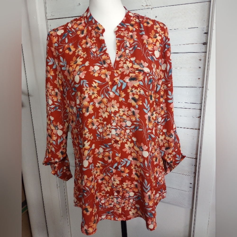 Kut From The Kloth Womens Medium Rust Brown Long Sleeve Blouse Roll Tab Tunic
